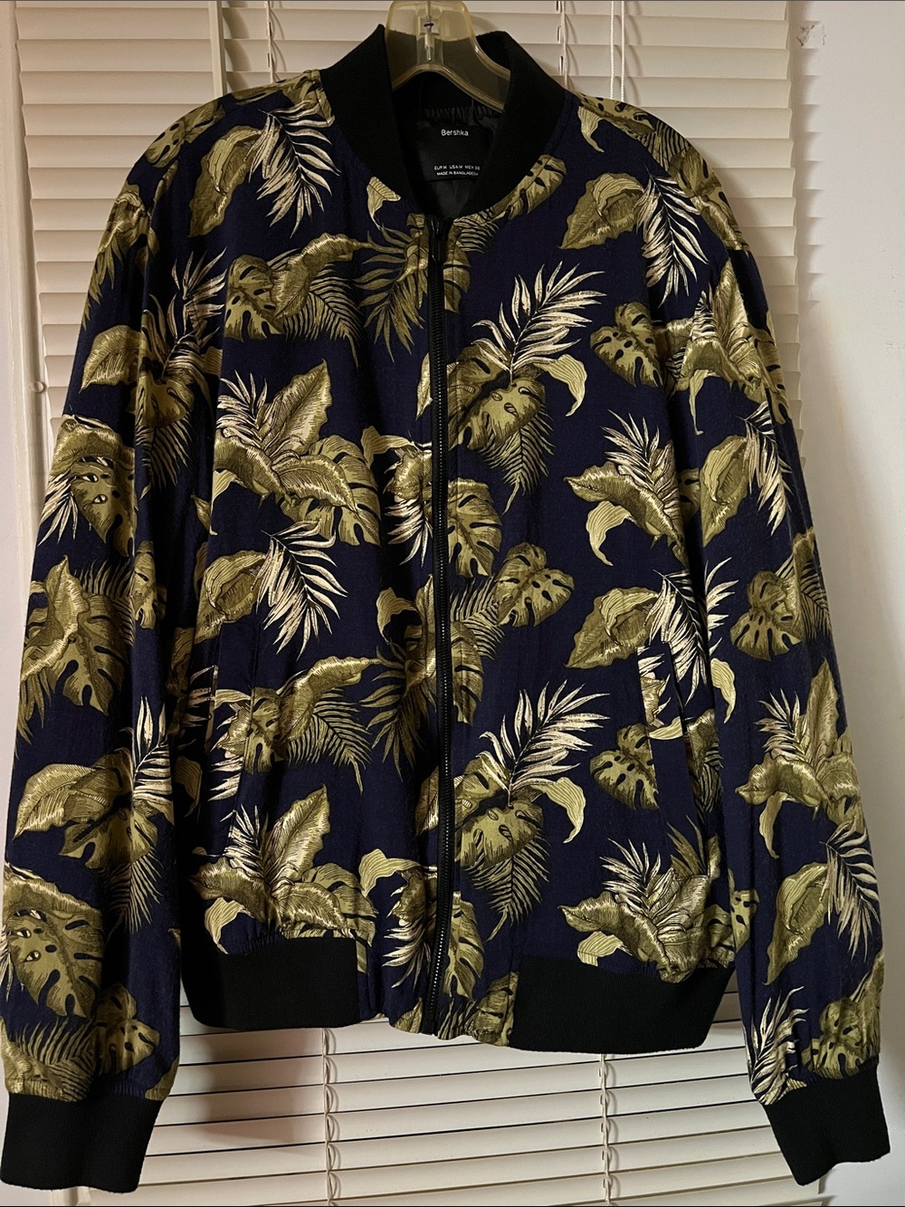 Bershka Navy Bomber Jacket with Gold Leaf Print